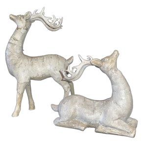 Deer Figurines Birch Bark Covered Poly- Stone Glittered Rustic New